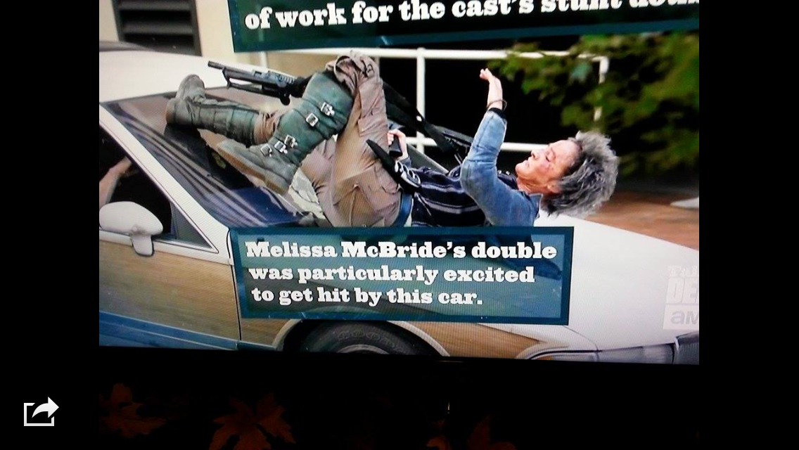 Stunt woman Karin Justman taking a car hit for actress Melissa McBride on The Walking Dead