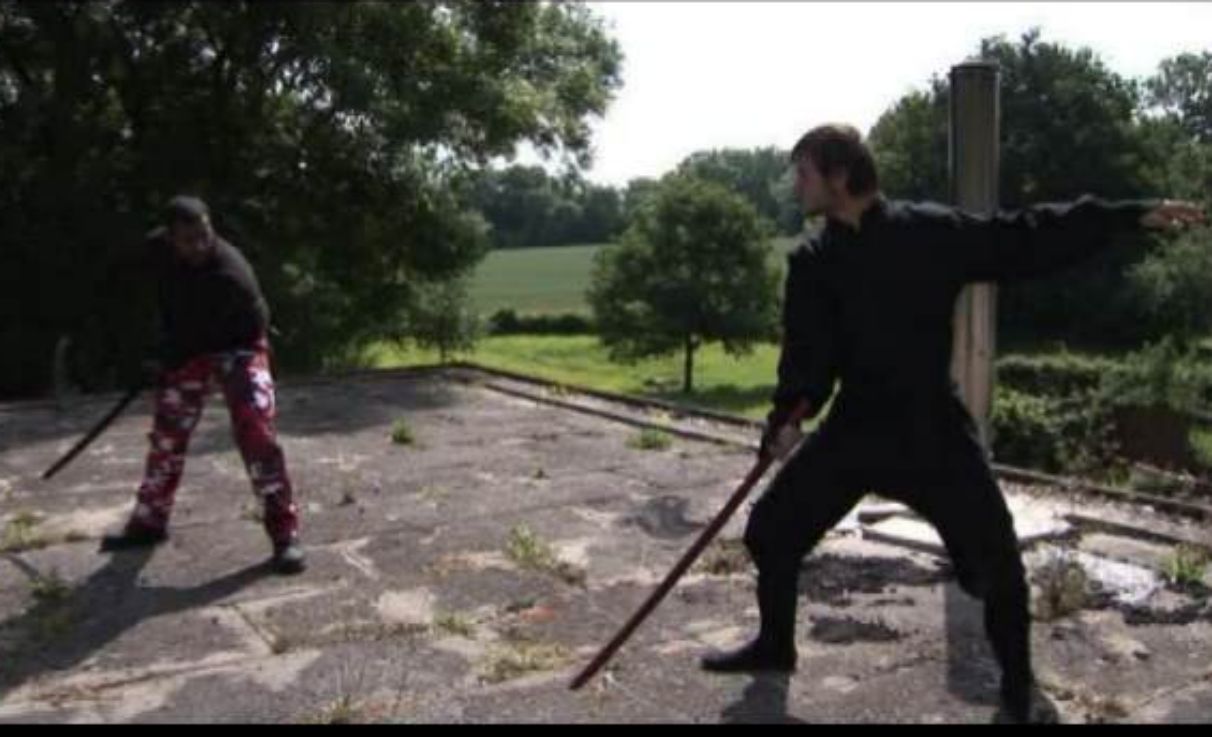 Angus Young (Kevin Evans) against Warren Bishop (Vincent Jerome) in biblical battle