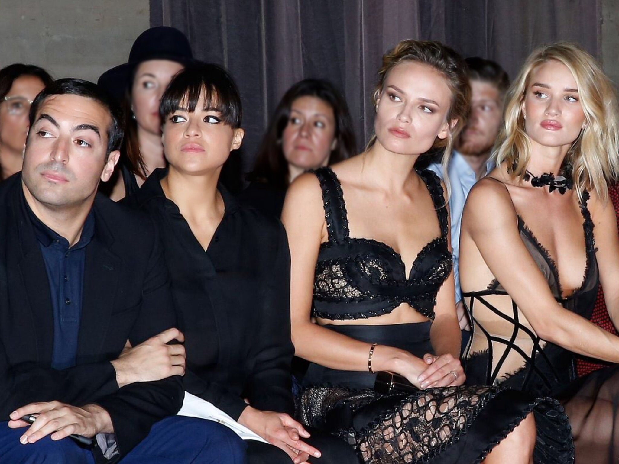 Mohammed Al Turki, Michelle Rodriguez, Natasha Poly and Rosie Huntington-Whiteley attend the Atelier Versace show as part of Paris Fashion Week Haute Couture Fall/Winter 2015/2016 on July 5, 2015 in Paris, France.