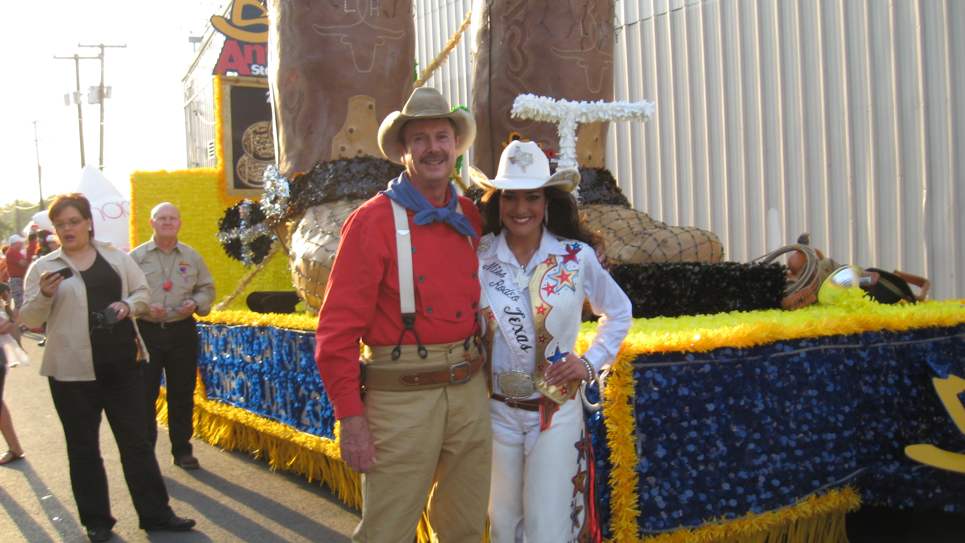 Miss Rodeo Texas Celesta Harvey and Dean Reading at the Fiesta Flambeau Parade in San Antonio, April 16, 2011.