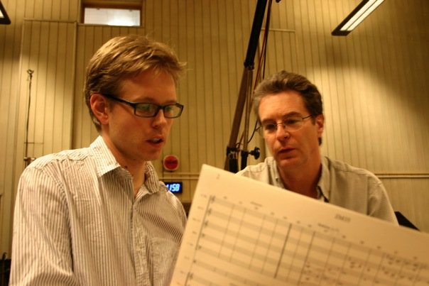 Recording session in Prague. Nicklas Schmidt with conductor Nic Raine.