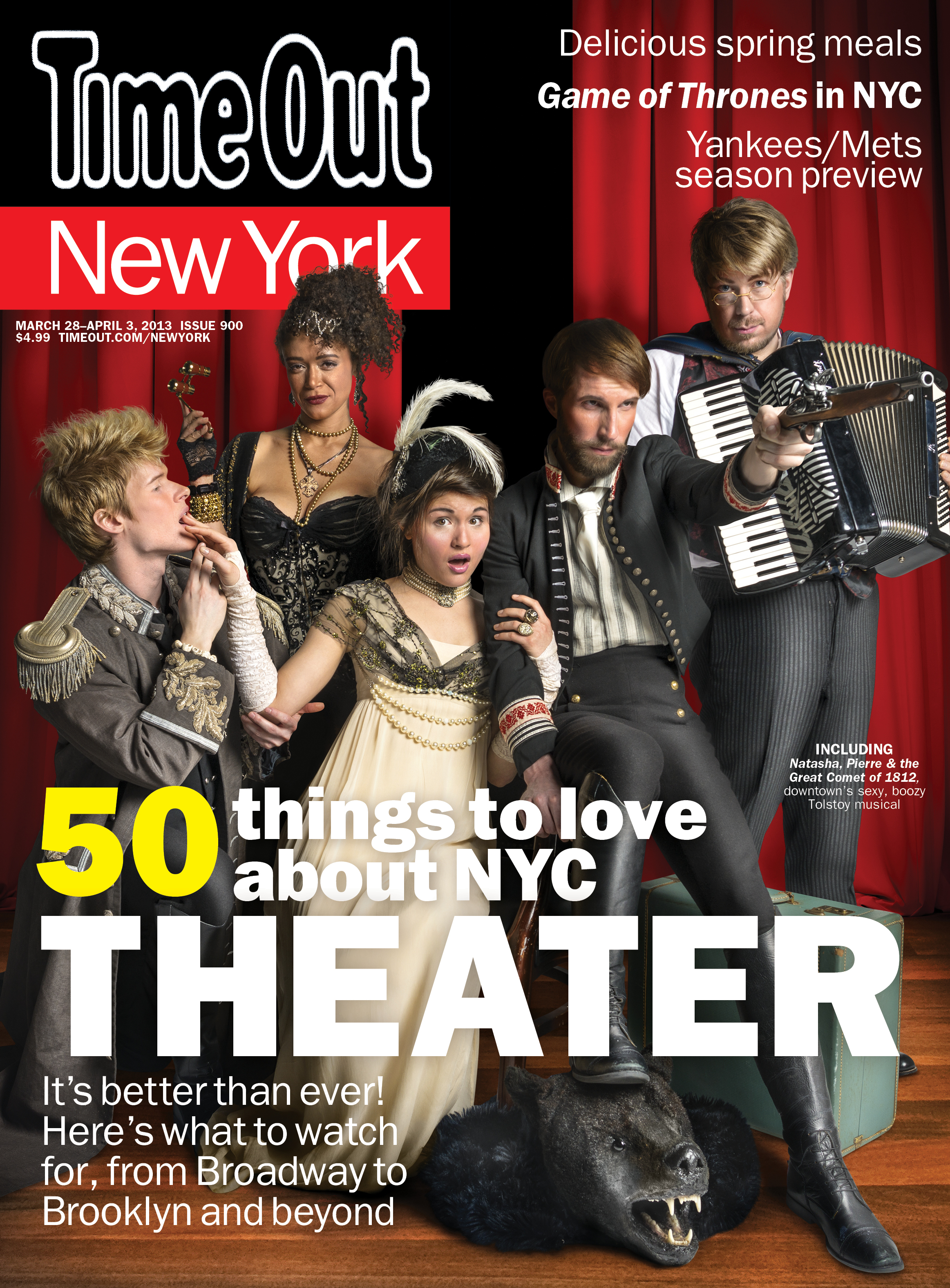 Lucas Steele, Amber Gray, Phillipa Soo, Blake DeLong, and Dave Malloy in Natasha, Pierre, and The Great Comet of 1812- Time Out New York cover.