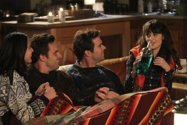 Still of Zooey Deschanel, David Walton, Olivia Munn and Jake Johnson in New Girl (2011)