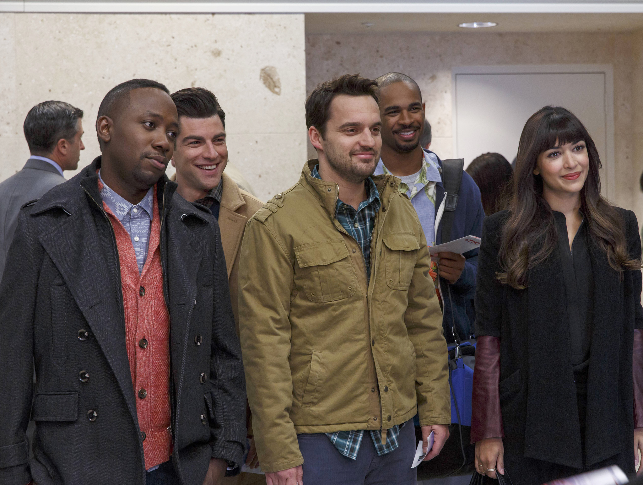 Still of Max Greenfield, Damon Wayans Jr., Jennifer Clasen, Hannah Simone, Lamorne Morris and Jake Johnson in New Girl (2011)