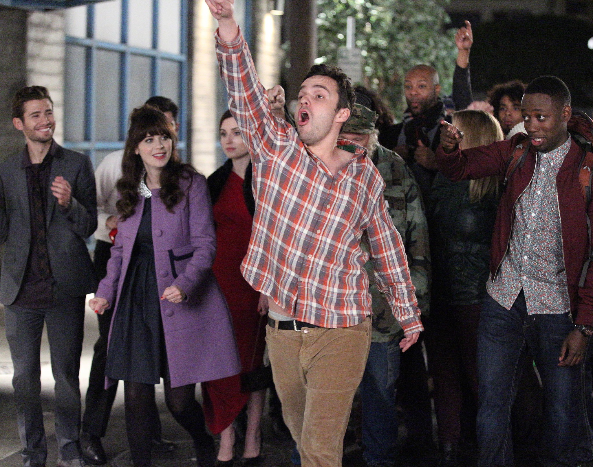 Still of Zooey Deschanel, Julian Morris, Lamorne Morris, Jake Johnson and Zoë Lister in New Girl (2011)