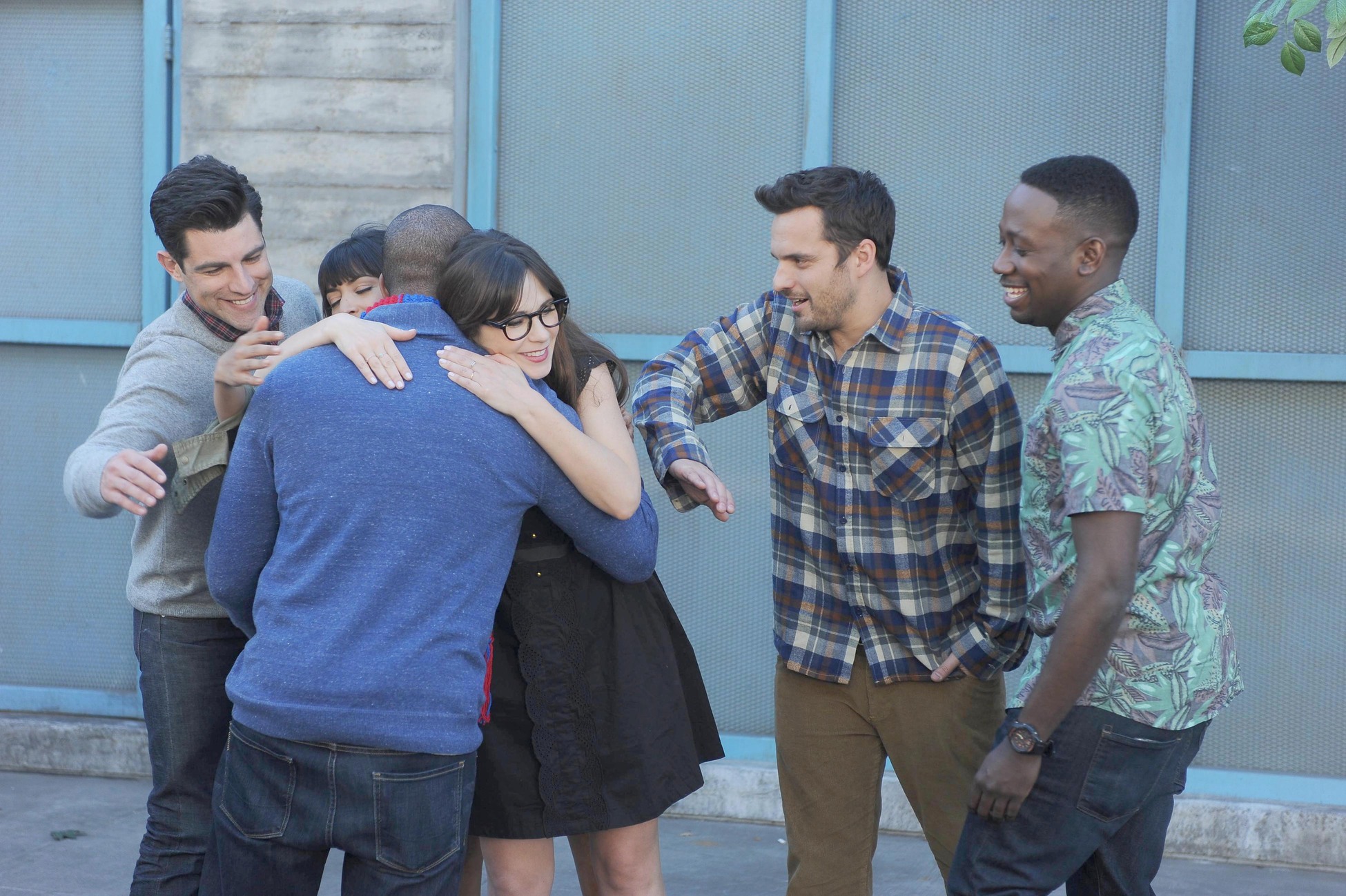 Still of Zooey Deschanel, Max Greenfield, Damon Wayans Jr., Hannah Simone, Lamorne Morris and Jake Johnson in New Girl (2011)