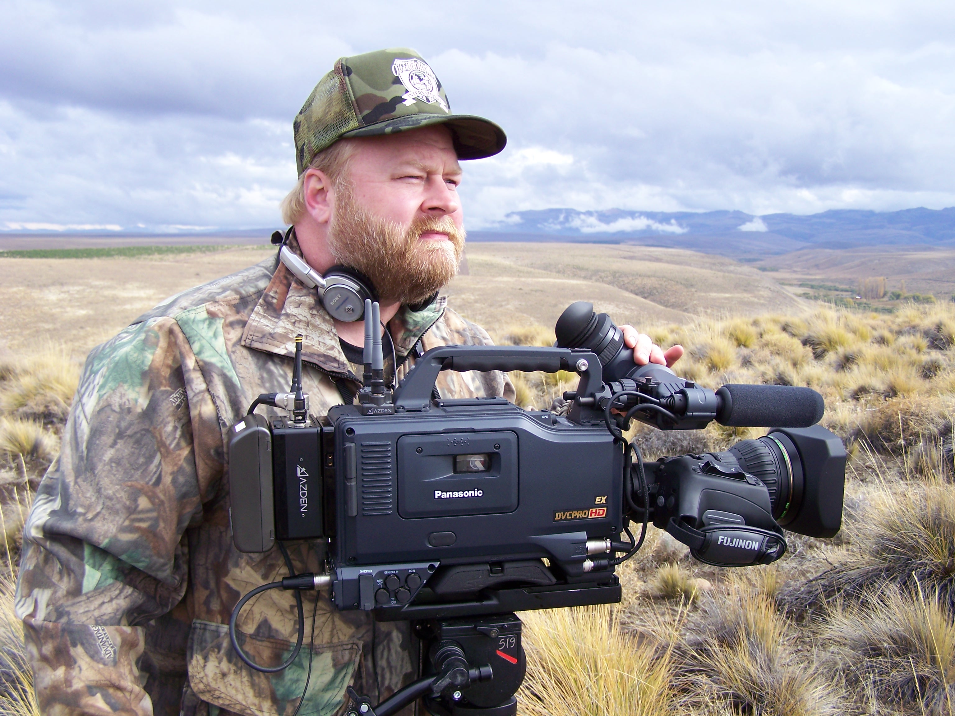 Buck McNeely on location in the Patagonia wilderness of Argentina with his Panasonic HD camera.