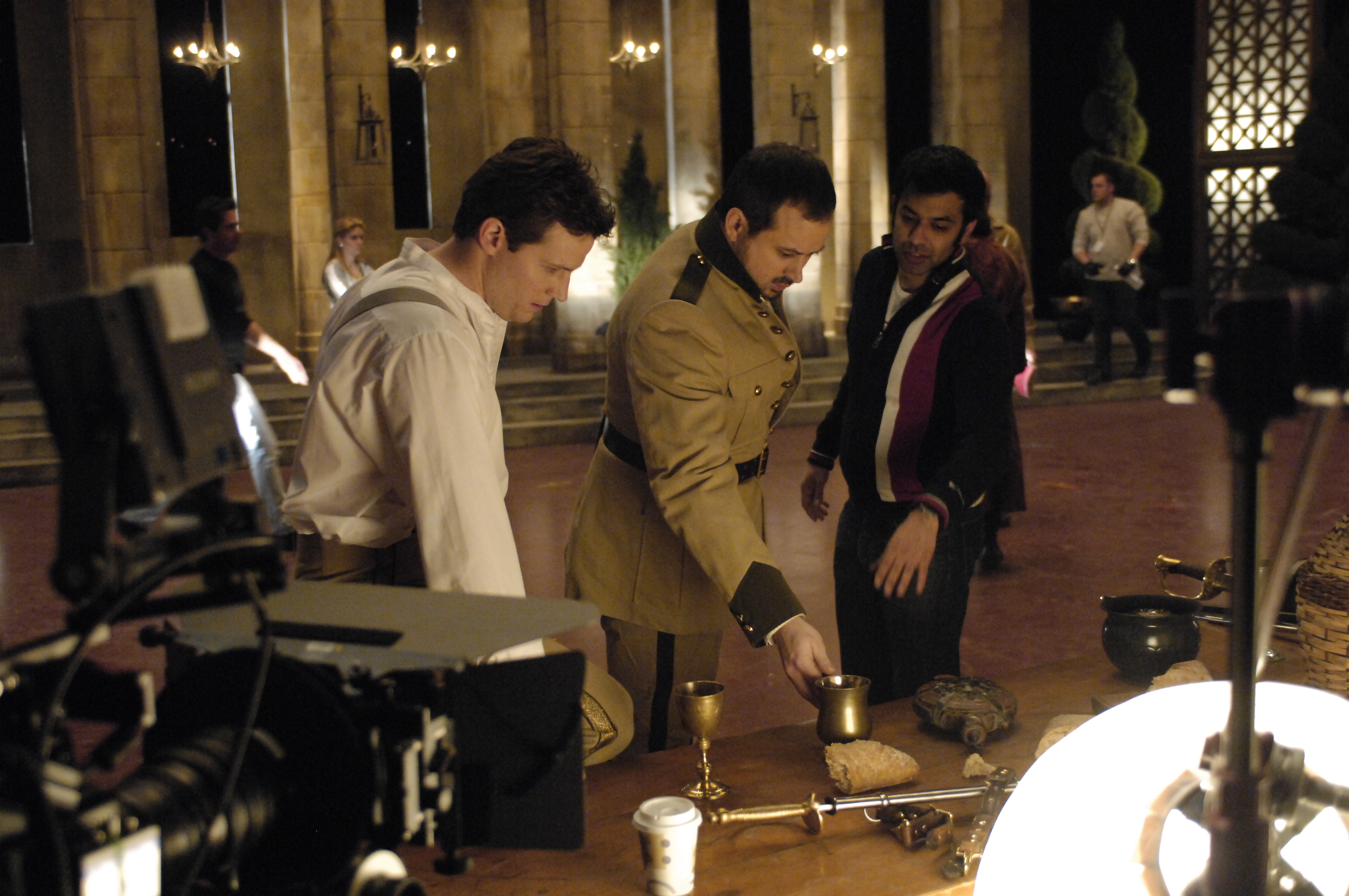 Graham Abbey as Cassio, Matthew Deslippe as Iago and director Zaib Shaikh on the set of Othello The Tragedy of the Moor(2008).