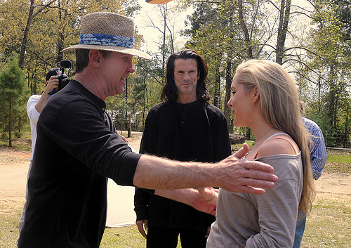 Tammy Barr on the set of BackStabber with director,Chuck Walker and Lorenzo Lamas