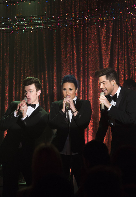 Still of Demi Lovato, Adam Lambert and Chris Colfer in Glee (2009)