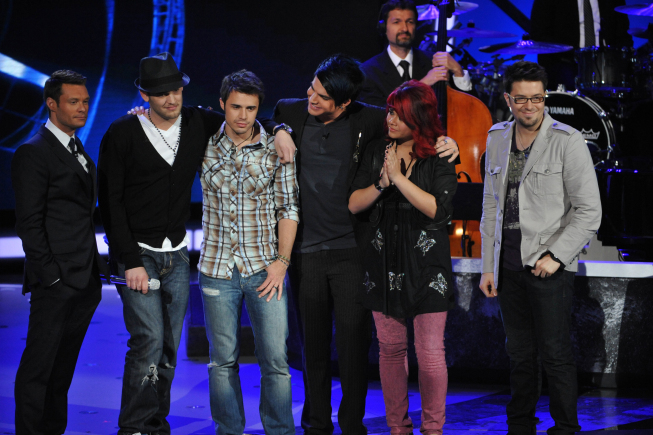 Still of Ryan Seacrest, Adam Lambert, Matt Giraud, Kris Allen, Allison Iraheta and Danny Gokey in American Idol: The Search for a Superstar (2002)