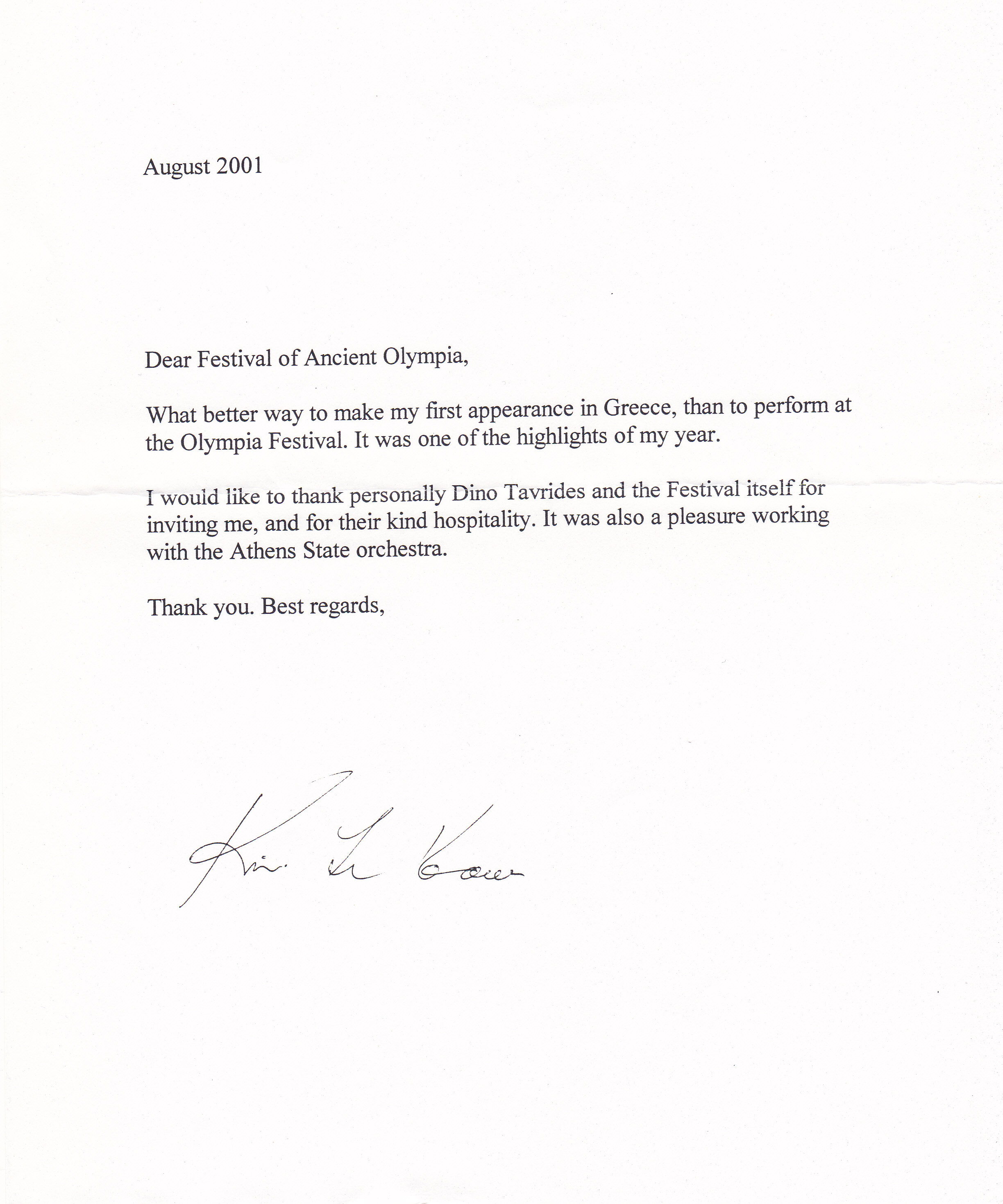 A letter by soprano Dame Kiri Te Kanawa.