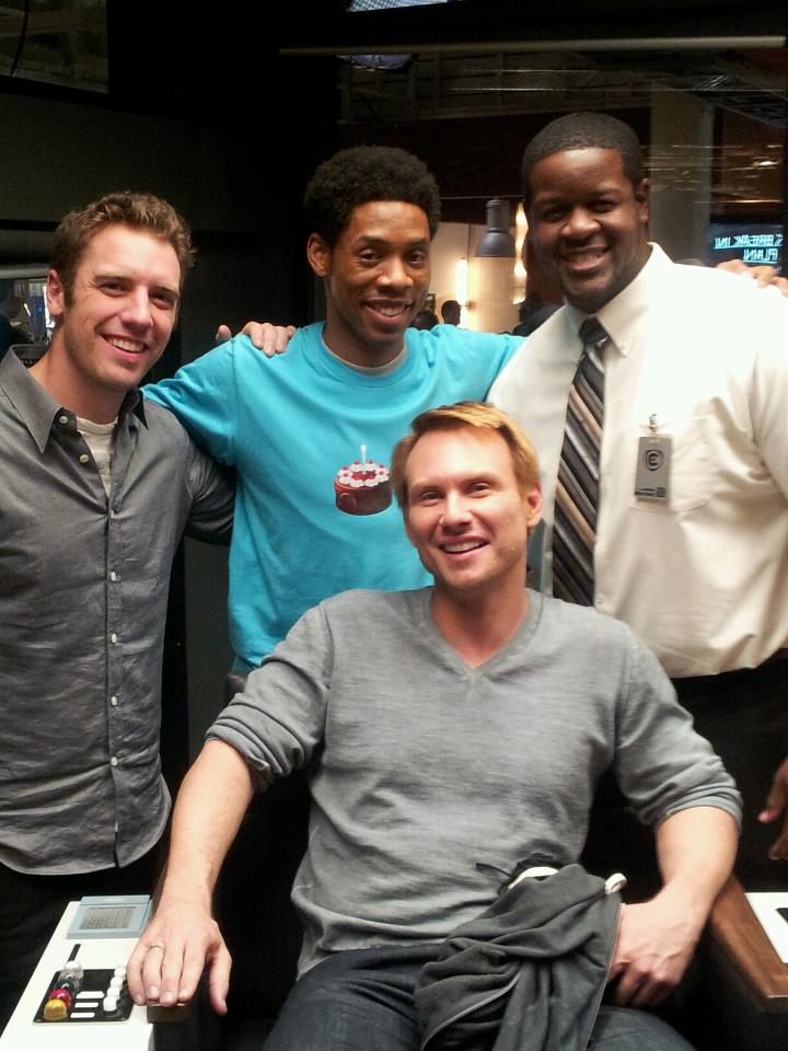 On the Set of Breaking In: Cast from Left to Right: Bret Harrison, Alphonso McAuley, Terrell Lee, and Christian Slater