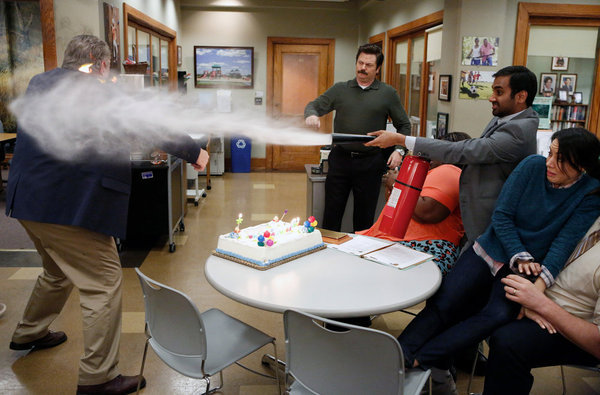 Still of Jim O'Heir, Nick Offerman, Aziz Ansari and Aubrey Plaza in Parks and Recreation (2009)