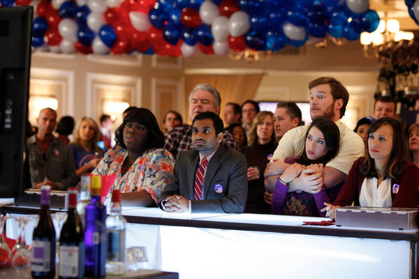 Still of Rashida Jones, Jim O'Heir, Chris Pratt, Aziz Ansari and Aubrey Plaza in Parks and Recreation (2009)