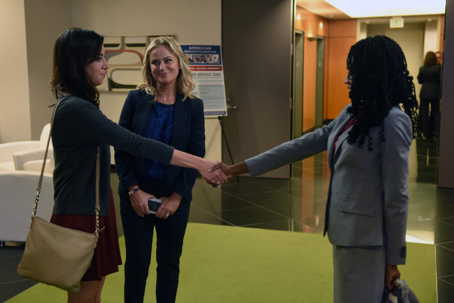 Still of Amy Poehler, Aubrey Plaza and Liz Femi Wilson in Parks and Recreation (2009)