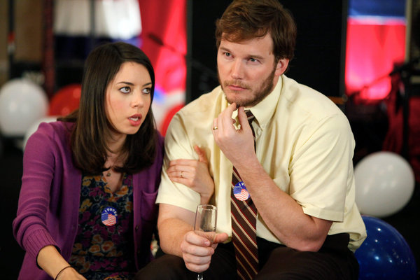 Still of Chris Pratt and Aubrey Plaza in Parks and Recreation (2009)