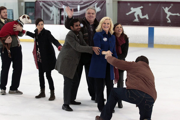 Still of Rashida Jones, Nick Offerman, Amy Poehler, Aziz Ansari and Aubrey Plaza in Parks and Recreation (2009)