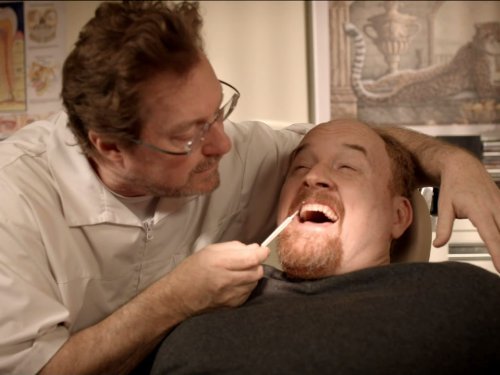 Still of Louis C.K. and Stephen Root in Louie (2010)