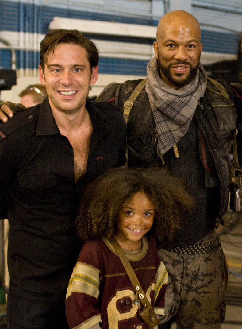 From left: Derek Anderson, Jada Grace and Common on the set of Terminator Salvation