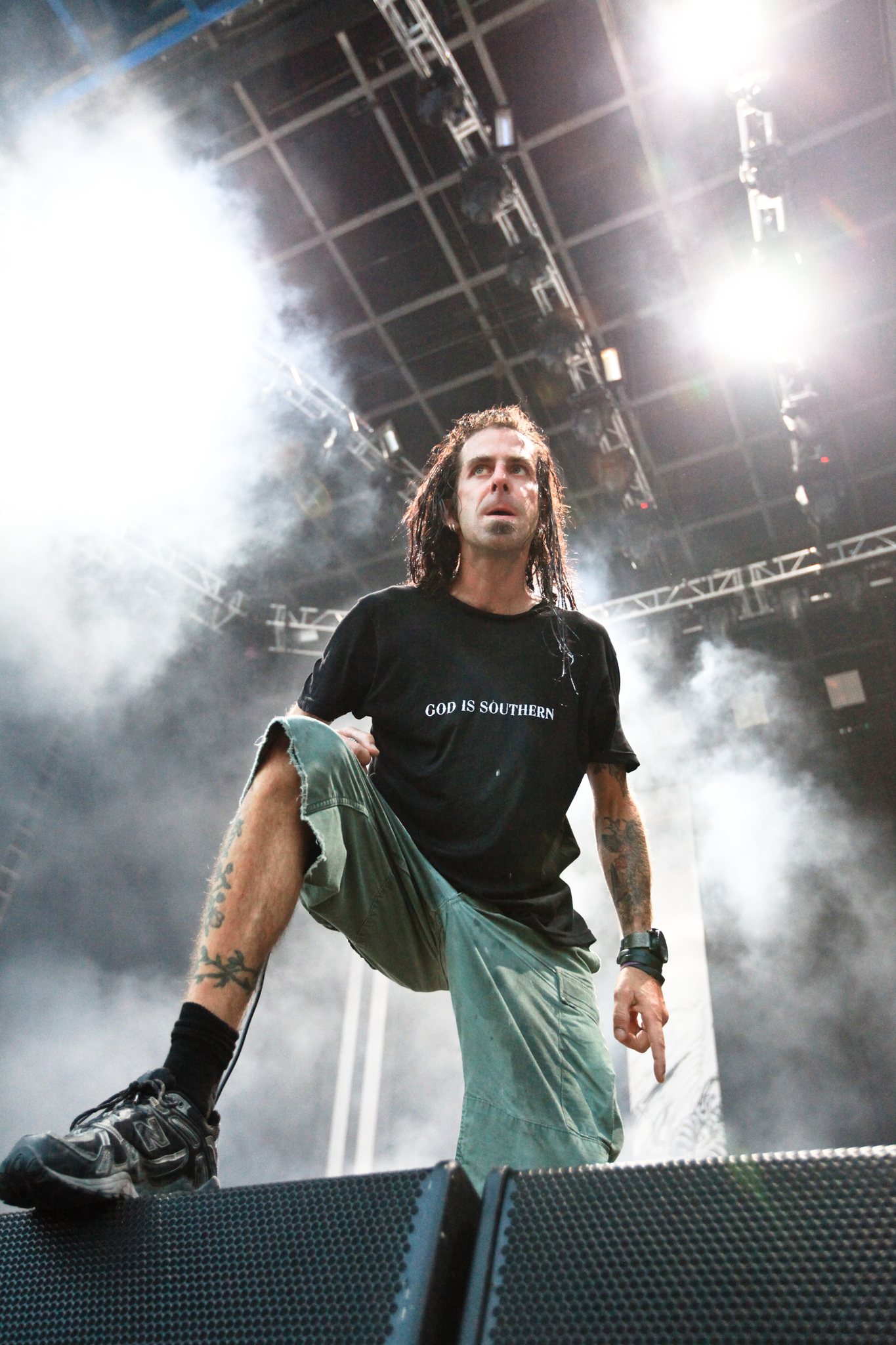 Vocalist Randy Blythe of Lamb of God performs at the 2010 Rockstar Energy Drink Mayhem Festival at San Manuel Amphitheater in San Bernardino, California.