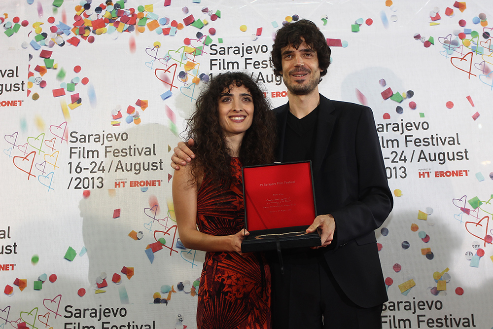 Nana Ekvtimishvili and Simon Gross at the Sarajevo Film Festival, receiving The Heart of Sarajevo for Best Film IN BLOOM