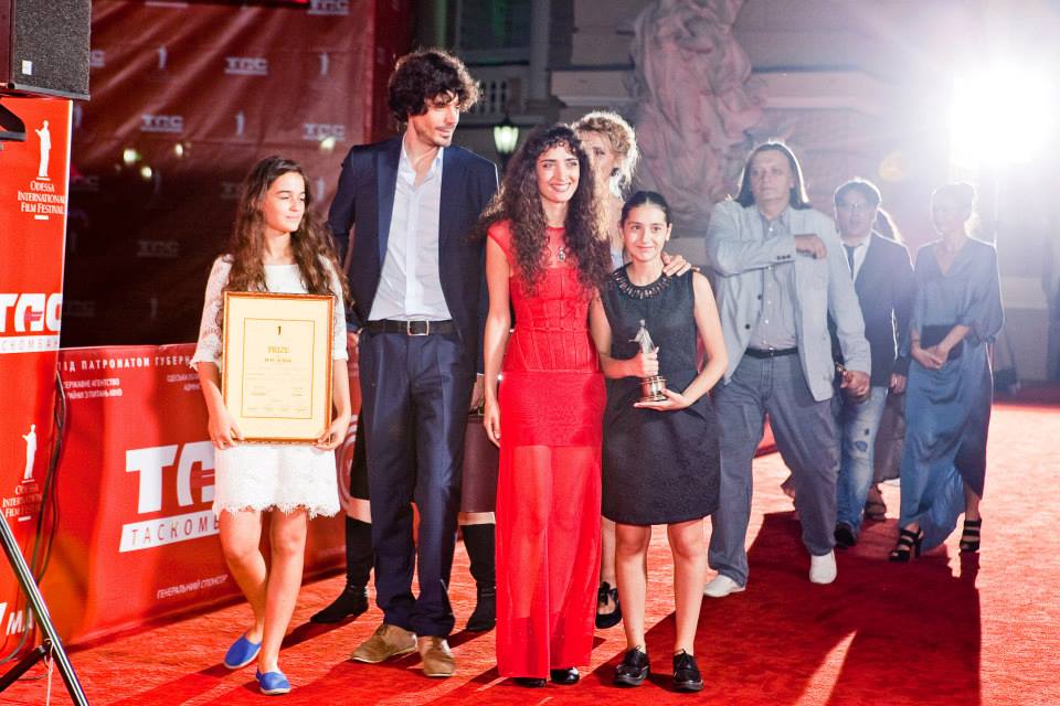 Mariam Bokeria, Simon Gross, Nana Ekvtimishvili and Lika Babluani at the Odessa International Film Festival, receiving the Award for Best Acting in IN BLOOM