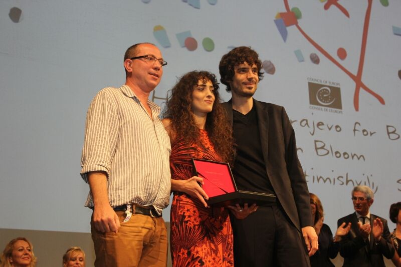 Guilliaume De Seille, Nana Ekvtimishvili and Simon Gross at the Sarajevo Film Festival, receiving The Heart of the Sarajevo for Best Film IN BLOOM