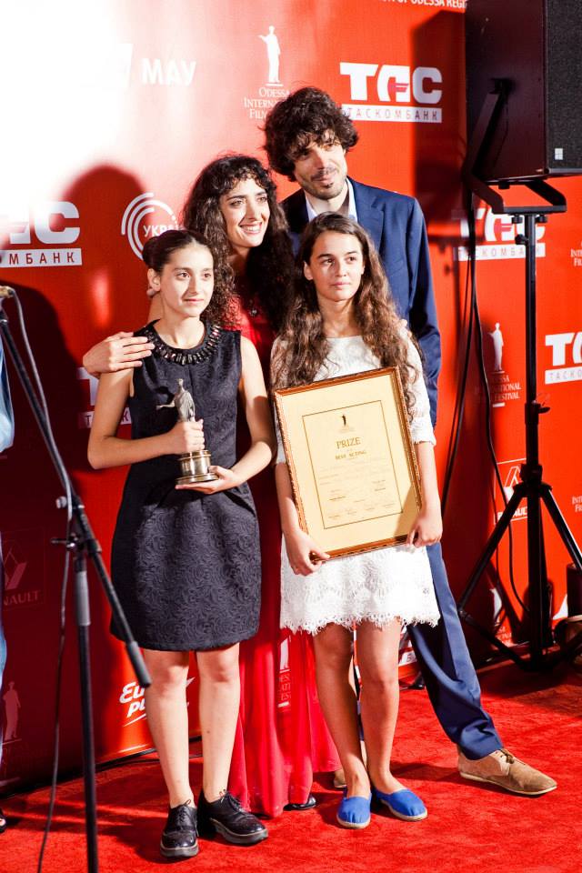 Lika Babluani, Nana Ekvtimishvili, Mariam Bokeria and Simon Gross at the Odessa International Film Festival, receiving the Award for Best Acting in IN BLOOM