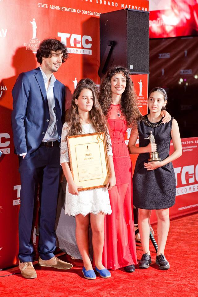 Simon Gross, Mariam Bokeria, Nana Ekvtimishvili and Lika Babluani at the Odessa International Film Festival, receiving the Award for Best Acting in IN BLOOM
