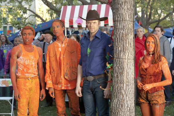 Still of Joel McHale, Alison Brie, Danny Pudi and Donald Glover in Community (2009)