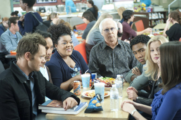 Still of Chevy Chase, Joel McHale, Yvette Nicole Brown, Alison Brie, Gillian Jacobs, Danny Pudi and Donald Glover in Community (2009)