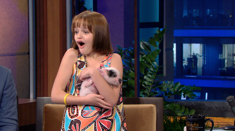 Joey King receives a mini Pig for her birthday from Jay Leno while a guest on The Tonight Show