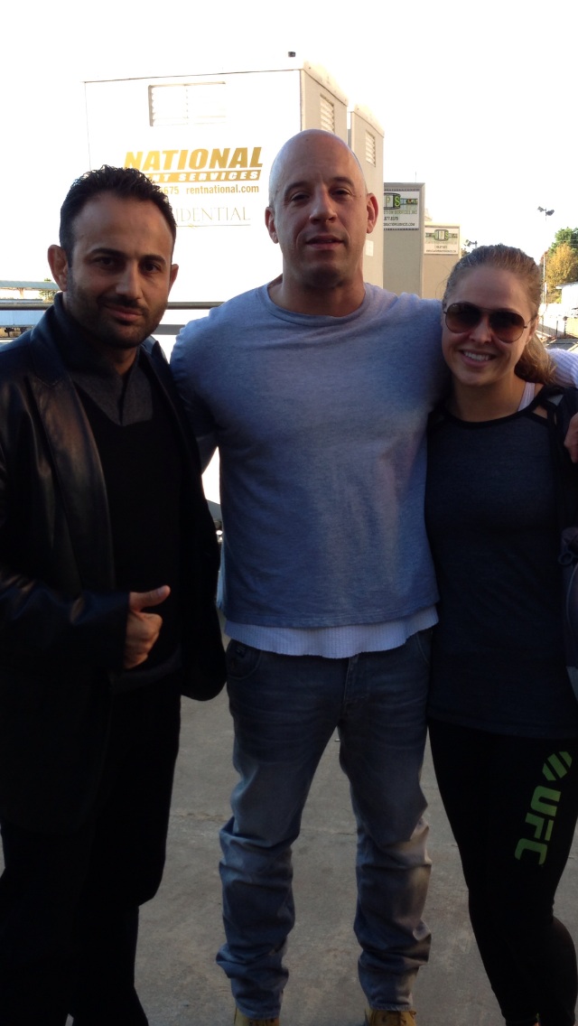 Roman Mitichyan with actor Vin Diesel and actress Ronda Rousey in Furious Seven.