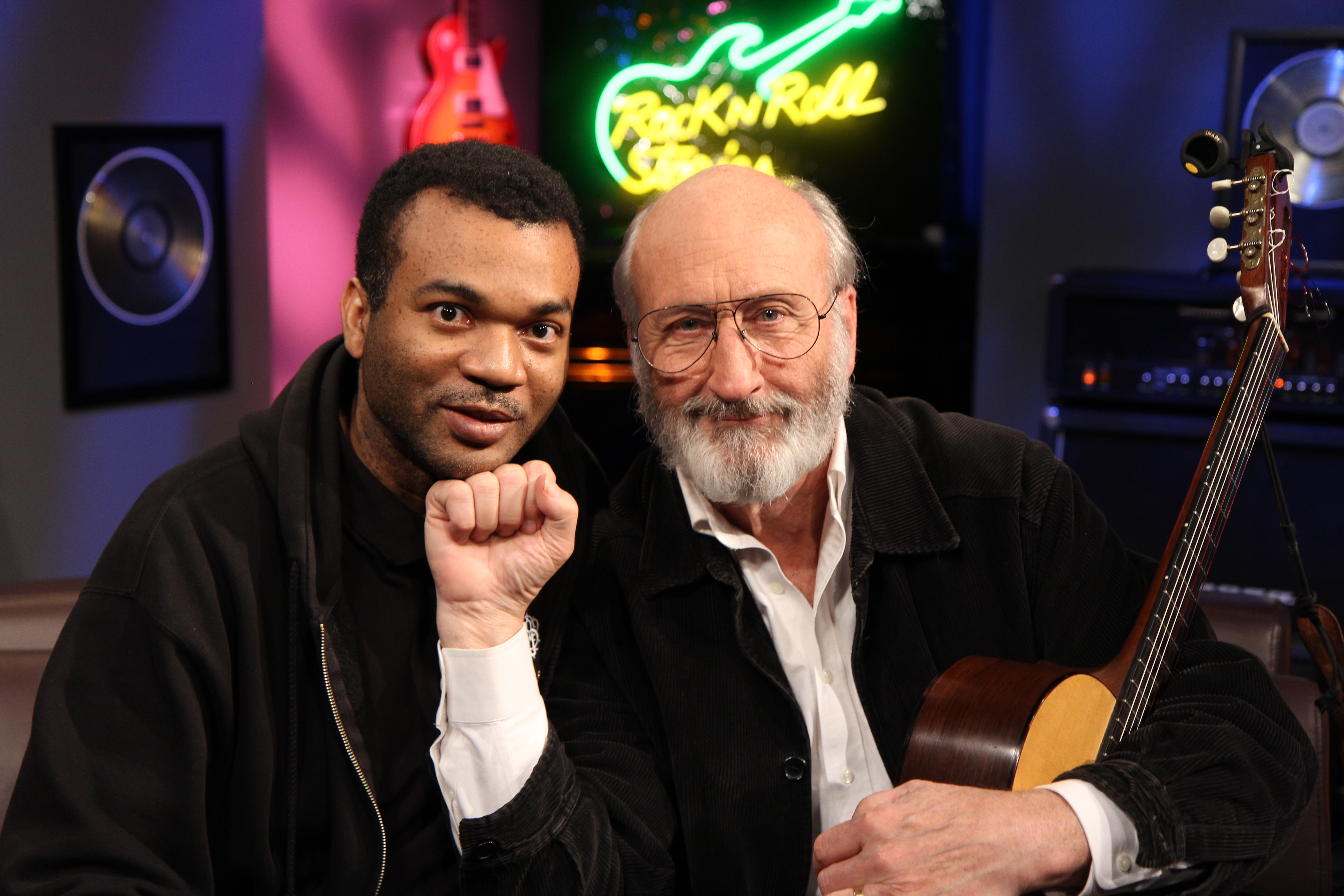 Director, Rohan Shand on set with Noel Paul Stookey after shooting an episode of Rock N Roll Stories.