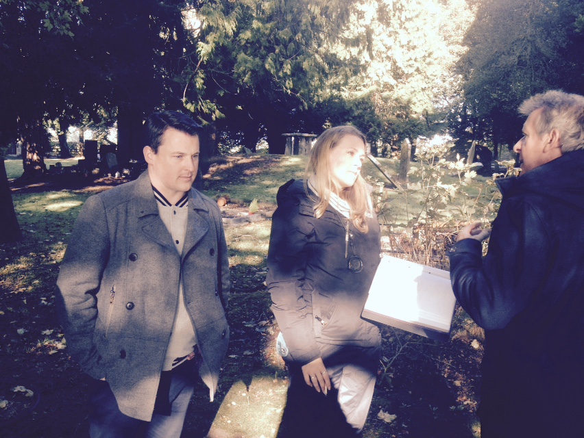 Declan Reynolds, Eva Kelly (Script Supervisor) and Brian Walsh (Writer / Producer / Actor) on the set of THE GAELIC COURSE in Monasterevin, Co Kildare