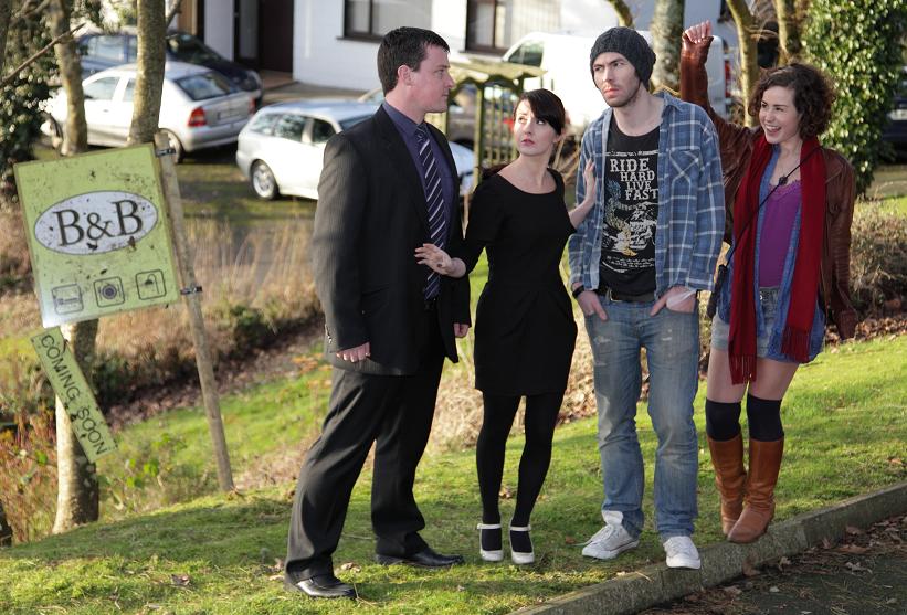 Declan Reynolds (Eugene), Niamh Maher (Una), Brendan O'Rourke (Donal) and Grace Kelley (Gwen) in RTÉ's 'Free House' http://www.rte.ie/storyland http://www.facebook.com/rtefreehouse