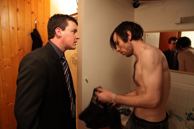 Declan Reynolds (Eugene) and Brendan O'Rourke (Donal) as feuding brothers in RTÉ's tv comedy FREE HOUSE (2011)