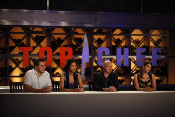 Still of Padma Lakshmi, Todd English, Gail Simmons and Tom Colicchio in Top Chef (2006)