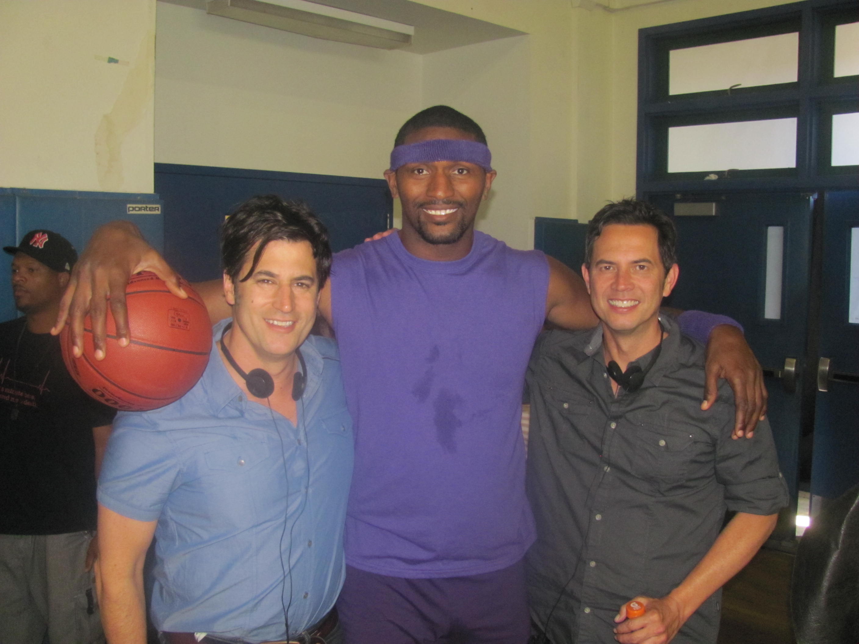 Writers David A. Newman and Keith Merryman on the set of Think Like A Man with Metta World Peace