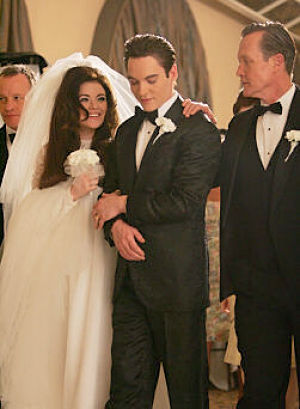 Antonia Bernath as Priscilla and Jonathan Rhys Meyers as Elvis...with Robert Patrick as Vernon Presley.