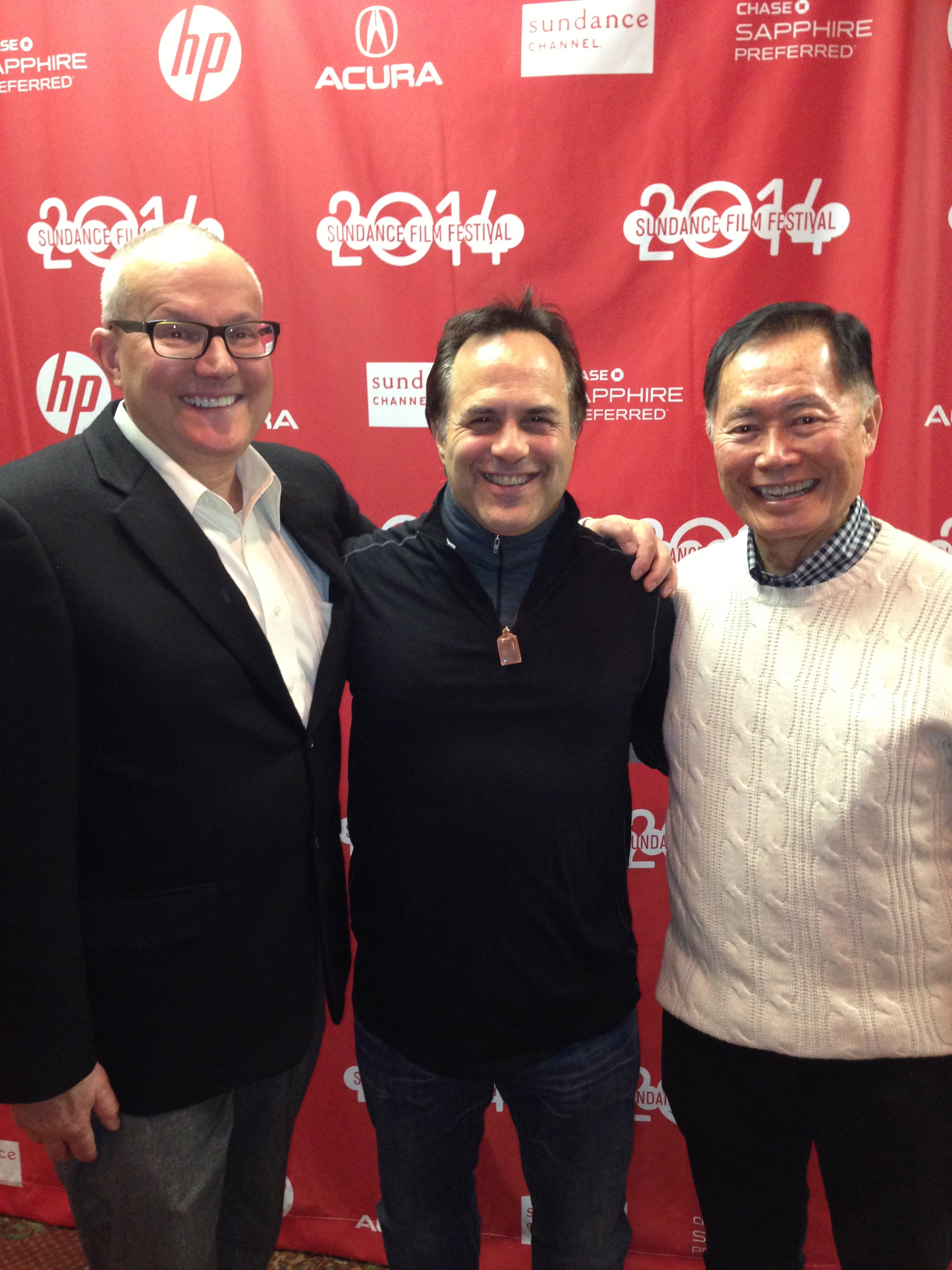 SUNDANCE FILM FESTIVAL 2014 Brad Takei, Michael Greenwald ( Center) - President of Endorse Management Group, George Takei opening for the documentary TO BE TAKEI .