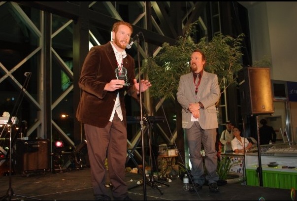 The 2009 Edmonton Film Festival. Todd Berger receiving Rising Star Director Award from Guy Lavelle.