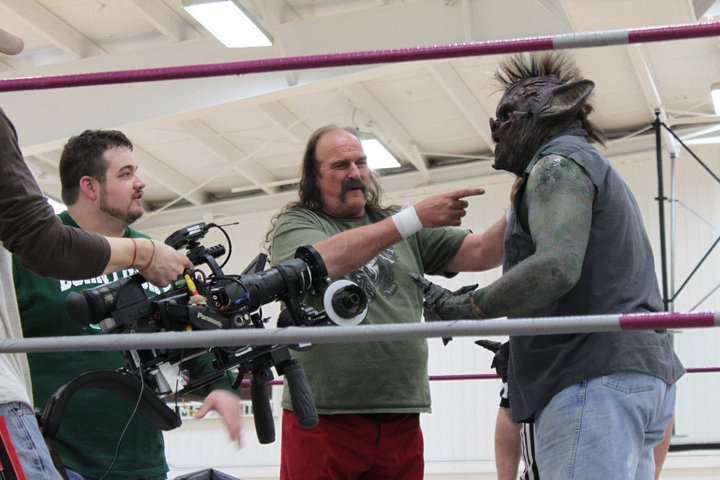 Behind the scenes on the movie Little Creeps, seen here is director Brad Leo Lyon working with Jake 