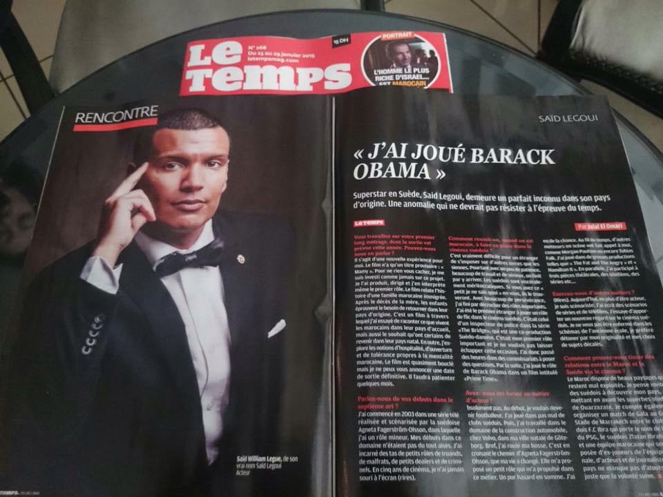 Featuring in the latest issue (January) of Le Temps, Moroccan Magazine, full article about my acting career..