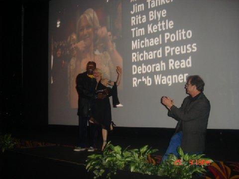 Bob Nuchow with Ernest Thomas, Dea May at Beverly Hills Fine Arts Theatre Oscar viewing party