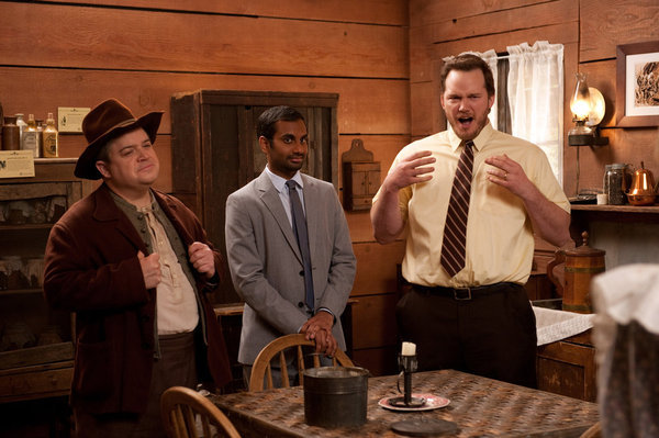 Still of Patton Oswalt, Chris Pratt and Aziz Ansari in Parks and Recreation (2009)