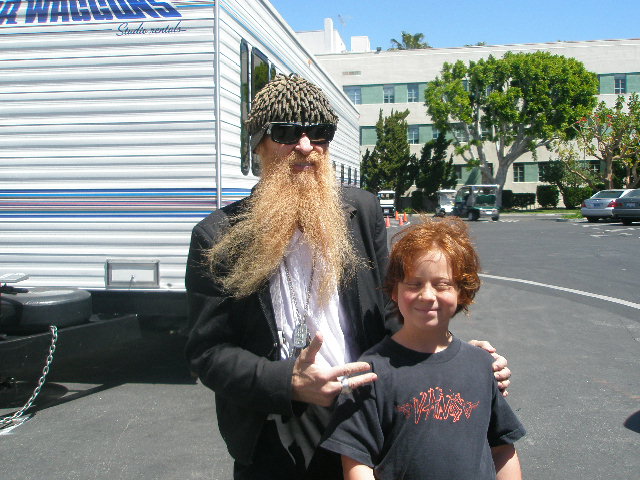 Skyler on the set of Bones with Billy from ZZ Top