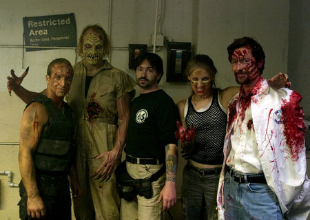 Behind the scenes with Director Mark Steven Grove (center) after a long and bloody day of shooting.