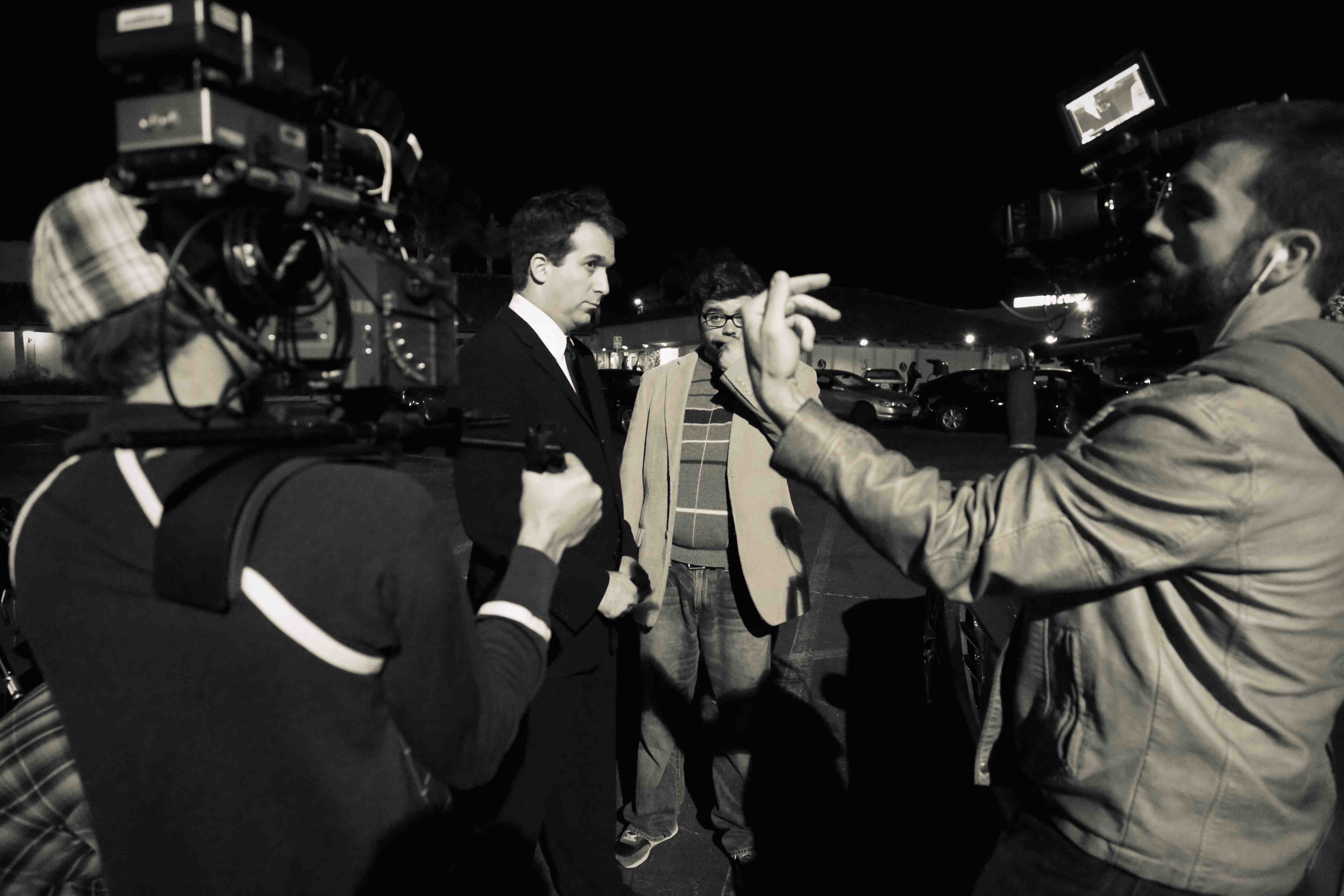 On set of Dependent's Day Writer/Director/DP Michael David Lynch works with Fellow Producer/DP Oliver DeFilippo and actors Joe Burke and David August.